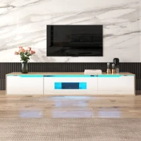 High-Gloss TV Stand with LED Lighting, Modern Design and Versatile Mounting Options, Easy to Install, 71" L x 12" W x 12" H, White+Wood(m-9)