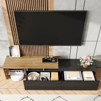 Modern TV Cabinet with Glass Shelves and LED Lighting, Stylish Storage Solution, Modern and Stylish Design, 67" L x 13" W x 13" H, Black+Natural(m-7)