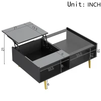 High-Gloss Coffee Table with LED Lighting and Glass Top, Adjustable Heigh, Storage Compartments, Easy to Install, 43.5" L x 21.5" W x 15.5" H, Black(m-3)