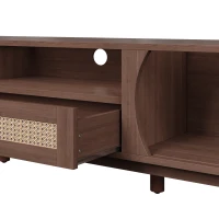 Rattan TV Stand with Solid Wood Doors and Drawers, Natural Country Style Storage Solution, Easy Installation, 65" L x 14.5" W x 18" H, Natural Walnut(m-8)