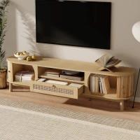 Rattan TV Stand with Solid Wood Doors and Drawers, Natural Country Style Storage Solution, Easy Installation, 65" L x 14.5" W x 18" H, Natural(m-6)