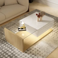 High-Gloss Coffee Table with Glass and LED Effect, Modern Design with Storage Compartment, 41.5" L x 21.5" W x 12.5" H, White+Wood(m-8)