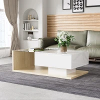 High-Gloss Coffee Table with Glass and LED Effect, Modern Design with Storage Compartment, 41.5" L x 21.5" W x 12.5" H, White+Wood(m-1)