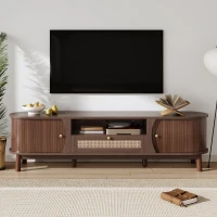 Rattan TV Stand with Solid Wood Doors and Drawers, Natural Country Style Storage Solution, Easy Installation, 65" L x 14.5" W x 18" H, Natural Walnut(m-6)