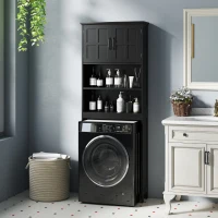 kleankin Modern Over The Toilet Storage, Bathroom Cabinets Over Toilet with Open Shelves and Double Door Cabinet, Black(m-9)
