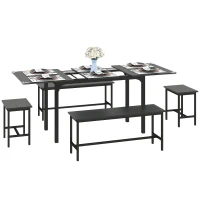 HOMCOM Extendable Dining Table Set, 5-Piece Dining Set for 4-6 with 2 Benches and 2 Stools for Small Spaces, Black(m-2)