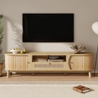 Rattan TV Stand with Solid Wood Doors and Drawers, Natural Country Style Storage Solution, Easy Installation, 65" L x 14.5" W x 18" H, Natural(m-7)