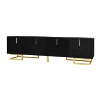 Modern TV Stand with Textured Doors, Gold Handles and Legs, Ample Storage Space, Easy to Install, 63" L x 15" W x 17.5" H, Black(m-11)