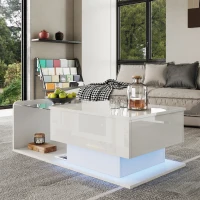 High-Gloss Coffee Table with Adjustable Height and LED Light Strip, Tempered Glass Top, Easy to Install, 39.5" L x 19.5" W x 13" H, White(m-6)