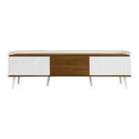 TV Stand with Three Doors and Sturdy Wooden Legs, Raised Edge for Safety, Easy to Install, 63" L x 15.5" W x 19.5" H, White+Natural(m-2)