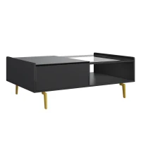 High-Gloss Coffee Table with LED Lighting and Glass Top, Adjustable Heigh, Storage Compartments, Easy to Install, 43.5" L x 21.5" W x 15.5" H, Black(m-2)