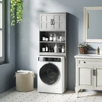 kleankin Modern Over The Toilet Storage, Bathroom Cabinets Over Toilet with Open Shelves and Double Door Cabinet, Grey(m-9)
