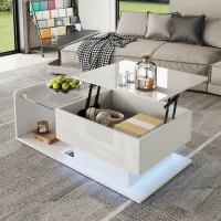 High-Gloss Coffee Table with Adjustable Height and LED Light Strip, Tempered Glass Top, Easy to Install, 39.5" L x 19.5" W x 13" H, White(m-5)