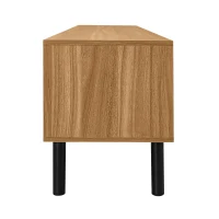 TV Stand with Elegant Stripe Design and Sturdy Wooden Legs, Three Doors, Practical and Easy Access, 67" L x 15" W x 18.5" H, Black+Natural(m-15)