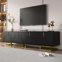 Modern TV Stand with Textured Doors, Gold Handles and Legs, Ample Storage Space, Easy to Install, 63" L x 15" W x 17.5" H, Black(m-5)