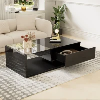 High-Gloss Black Coffee Table with Glass and LED Effect, Spacious Surface and Practical Storage, Easy to Install, 41.5" L x 21.5" W x 12.5" H, Black(m-6)