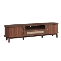 Rattan TV Stand with Solid Wood Doors and Drawers, Natural Country Style Storage Solution, Easy Installation, 65" L x 14.5" W x 18" H, Natural Walnut(m-10)