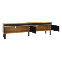 TV Stand with Elegant Stripe Design and Sturdy Wooden Legs, Three Doors, Practical and Easy Access, 67" L x 15" W x 18.5" H, Black+Natural(m-13)