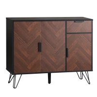 Modern Storage Cabinet with Drawer and Adjustable Shelves, Sideboard with Black Metal Feet, 35.5" L x 11.5" W x 28.5" H, Black+Wood(m-11)