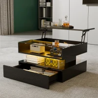High-Gloss Coffee Table with Glass Top and LED Lighting, Storage Drawer and Adjustable Height, Easy to Install, 26" L x 21.5" W x 21.5" H, Black(m-1)