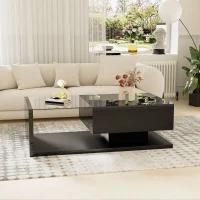 High-Gloss Black Coffee Table with Glass and LED Effect, Spacious Surface and Practical Storage, Easy to Install, 41.5" L x 21.5" W x 12.5" H, Black(m-5)