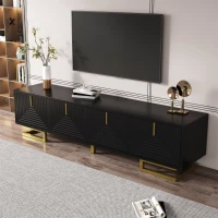 Modern TV Stand with Textured Doors, Gold Handles and Legs, Ample Storage Space, Easy to Install, 63" L x 15" W x 17.5" H, Black(m-4)