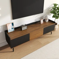 TV Stand with Three Doors, Raised Edge for Safety, Sturdy Wooden Legs, Modern Design, Easy to Install, 63" L x 15.5" W x 19.5" H, Black+Natural(m-7)