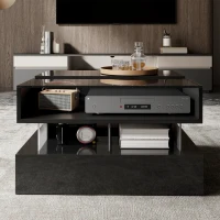 High-Gloss Coffee Table with Glass Top and LED Lighting, Storage Drawer and Adjustable Height, Easy to Install, 26" L x 21.5" W x 21.5" H, Black(m-6)