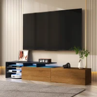 Modern TV Stand with Glass Shelves and LED Lighting, Stylish Storage Solution, Modern and Stylish Design, 67" L x 13" W x 13" H, Black+Natural(m-7)