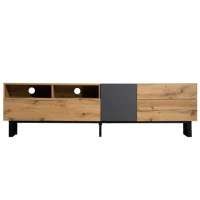 Colour Coordinated TV Stand with U-Shaped Metal Legs, 3 Doors and 2 Compartments, Easy Assembly, 67" L x 14" W x 16.5" H, Black+Natural(m-2)