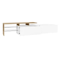 Modern TV Stand with Glass Shelves and LED Lighting, High-Gloss Finish, Smart Storage Solution, 67" L x 13" W x 13" H, White+Natural(m-12)