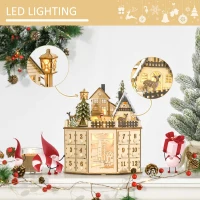 HOMCOM Wooden Christmas Advent Calendar, Lighted 24 Days Countdown to Christmas Table Decoration with Drawers for Kids and Adults, Battery Operated, Natural(m-4)