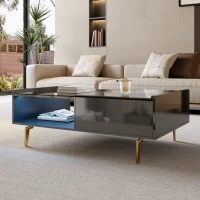 High-Gloss Coffee Table with LED Lighting and Glass Top, Adjustable Heigh, Storage Compartments, Easy to Install, 43.5" L x 21.5" W x 15.5" H, Black(m-6)