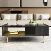 High-Gloss Coffee Table with LED Lighting and Glass Top, Adjustable Heigh, Storage Compartments, Easy to Install, 43.5" L x 21.5" W x 15.5" H, Black(m-1)
