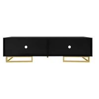 Modern TV Stand with Textured Doors, Gold Handles and Legs, Ample Storage Space, Easy to Install, 63" L x 15" W x 17.5" H, Black(m-16)