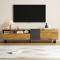 Colour Coordinated TV Stand with U-Shaped Metal Legs, 3 Doors and 2 Compartments, Easy Assembly, 67" L x 14" W x 16.5" H, Black+Natural(m-1)