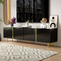 High-Gloss TV Stand with 4 Doors, Modern Design and Soft-Close Hinges, Modern Design, Easy to Install, 67" L x 13.5" W x 18" H, Black(m-4)