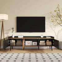 TV Stand with Three Doors, Raised Edge for Safety, Sturdy Wooden Legs, Modern Design, Easy to Install, 63" L x 15.5" W x 19.5" H, Black+Natural(m-5)