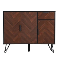 Modern Storage Cabinet with Drawer and Adjustable Shelves, Sideboard with Black Metal Feet, 35.5" L x 11.5" W x 28.5" H, Black+Wood(m-2)