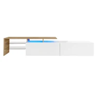 Modern TV Stand with Glass Shelves and LED Lighting, High-Gloss Finish, Smart Storage Solution, 67" L x 13" W x 13" H, White+Natural(m-2)