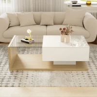 High-Gloss Coffee Table with Glass and LED Effect, Modern Design with Storage Compartment, 41.5" L x 21.5" W x 12.5" H, White+Wood(m-6)
