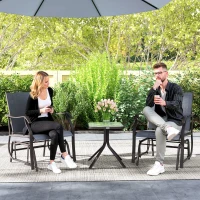 Outsunny 3 Piece Outdoor Glider Chair with Coffee Table Bistro Set, 2 Patio Rocking Swing Chairs with Breathable Sling Fabric, Glass Tabletop, for Backyard, Garden and Porch, Gray(m-9)