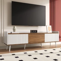 TV Stand with Three Doors and Sturdy Wooden Legs, Raised Edge for Safety, Easy to Install, 63" L x 15.5" W x 19.5" H, White+Natural(m-1)