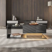 High-Gloss Coffee Table with Tempered Glass Top and LED Light Strip, Adjustable Height, Easy to Install, 39.5" L x 19.5" W x 13" H, Black(m-6)