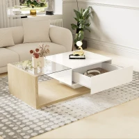 High-Gloss Coffee Table with Glass and LED Effect, Modern Design with Storage Compartment, 41.5" L x 21.5" W x 12.5" H, White+Wood(m-9)