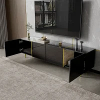High-Gloss TV Stand with 4 Doors, Modern Design and Soft-Close Hinges, Modern Design, Easy to Install, 67" L x 13.5" W x 18" H, Black(m-1)