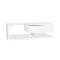 High-Gloss Coffee Table with Glass and LED Effect, Modern Design with Storage Compartment, Easy to Install, 41.5" L x 21.5" W x 12.5" H, White(m-14)