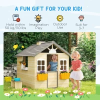 Outsunny Wooden Playhouse for Kids Outdoor Garden Pretend Play Games, Adventures Cottage, with Working Door, Windows, Bench, Service Station, Flowers Pot Holder, for 3-7 Years Old(m-4)