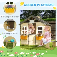 Outsunny Wooden Playhouse for Kids Outdoor Garden Pretend Play Games, Adventures Cottage, with Working Door, Windows, Bench, Service Station, Flowers Pot Holder, for 3-7 Years Old(m-5)