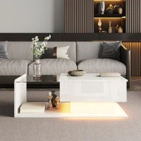 High-Gloss Coffee Table with Adjustable Height and LED Light Strip, Tempered Glass Top, Easy to Install, 39.5" L x 19.5" W x 13" H, White(m-1)